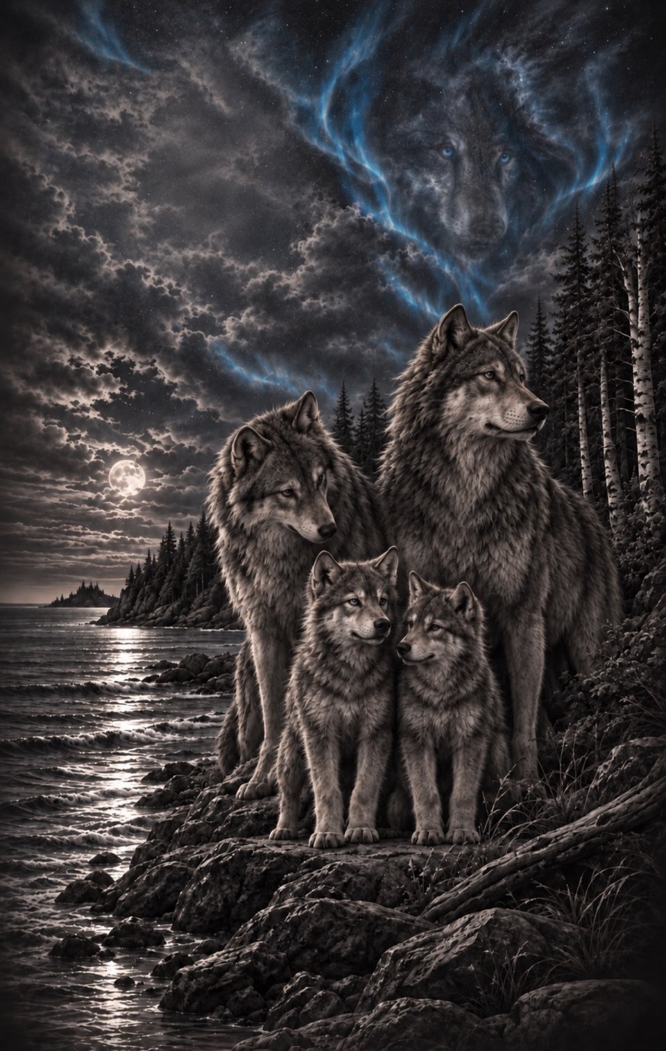 Wolf family standing along a moonlit rocky shoreline beneath a watchful wolf-shaped presence in the night sky.